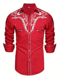 kkboxly 98% Cotton Elegant Western Cowboy Men's Casual Long Sleeve Embroidered Shirt, Men's Shirt For Spring Fall Vacation Resort, Tops For Men