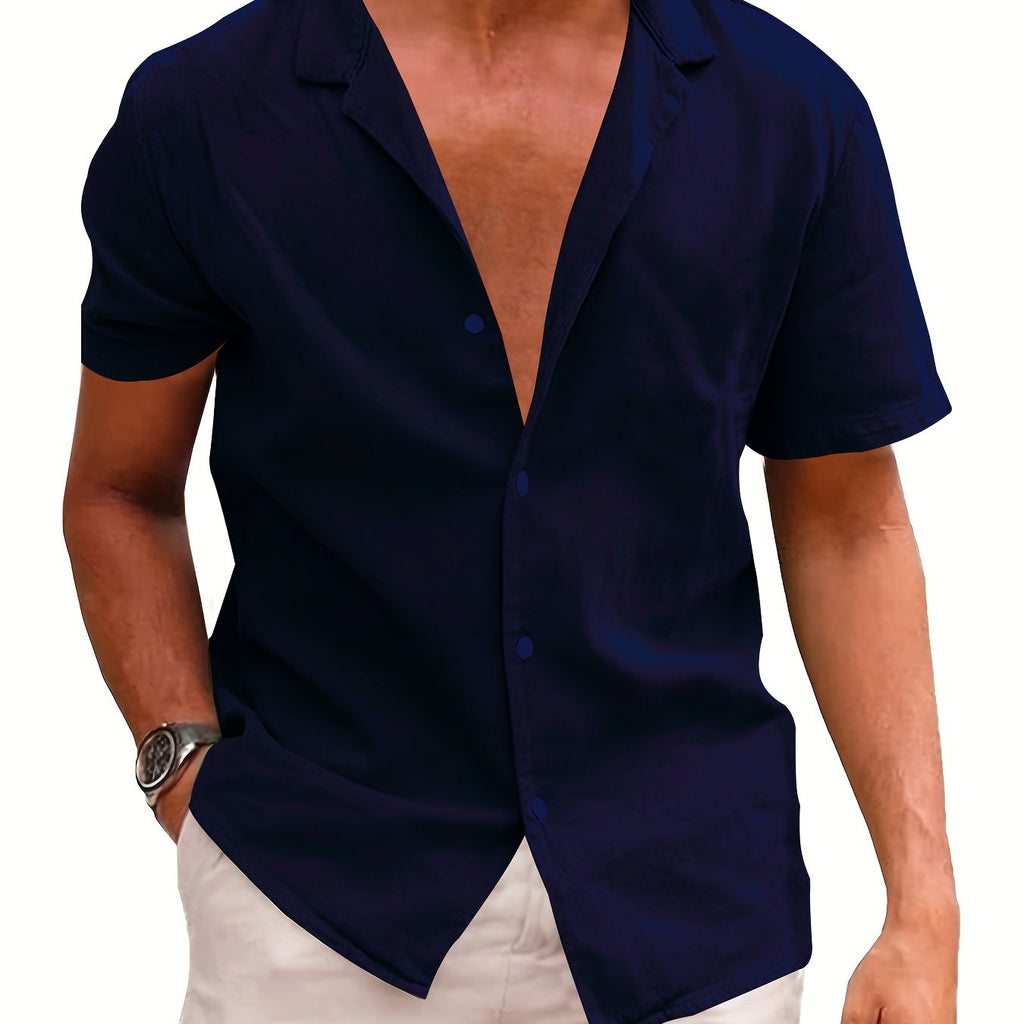 kkboxly  Men's Casual Fashion Solid Linen Shirt, Short Sleeve Shirt For Big & Tall Males, Plus Size