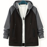 Plus Size Men's Full Zip Hoodies, Color Block Long Sleeve Drawstring Jacket Best Sellers