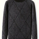 Men's Trendy Argyle Pattern Knitted Pullover, Casual Slightly Stretch Breathable Sweater For Outdoor