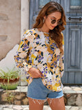 kkboxly  Graphic Print Lace Stitching Blouse, Casual Long Sleeve Blouse For Spring & Fall, Women's Clothing