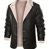 kkboxly  Warm Fleece PU Jacket, Men's Casual Lapel Faux Leather Jacket For Fall Winter