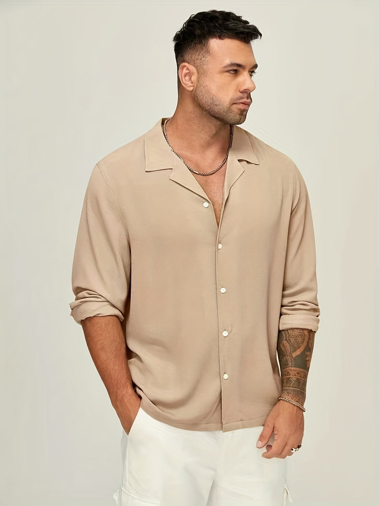 kkboxly  Plus Size Men's Stylish Solid Lapel Shirt For Workout/outdoor, Casual Long Sleeve Shirt Tops For Big And Tall Guys, Men's Clothing