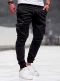 Trendy Solid Drawstring Cargo Pants, Men's Multi Flap Pocket Trousers, Loose Casual Outdoor Pants, Men's Work Pants Outdoors Streetwear Hip Hop Style