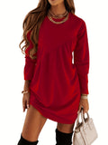 kkboxly  Solid Long Sleeve Tucked Dress, Casual Crew Neck Dress For Spring & Fall, Women's Clothing