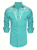 kkboxly 98% Cotton Elegant Western Cowboy Men's Casual Long Sleeve Embroidered Shirt, Men's Shirt For Spring Fall Vacation Resort, Tops For Men