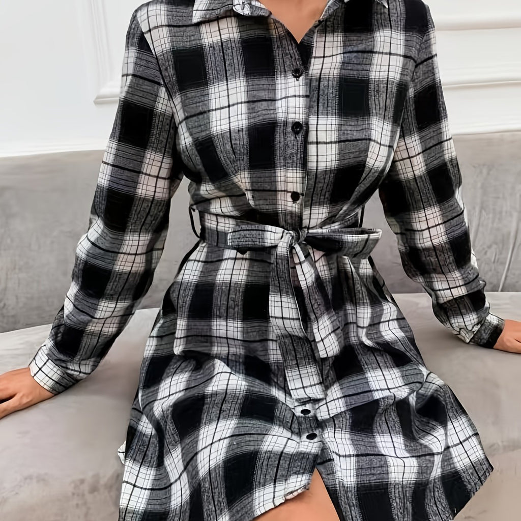 kkboxly  Plaid Print Button Dress, Casual Tie Waist Long Sleeve Dress, Women's Clothing