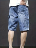kkboxly  Flap Pockets Cargo Denim Shorts, Men's Casual Multi Pocket Mid Stretch Waist Drawstring Cargo Denim Shorts For Summer Outdoor