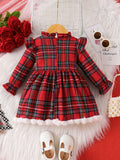 Adorable Girls' Christmas Plaid Long Sleeve Dress with Pom-Pom Detail - Cozy Polyester, Machine Washable - Perfect for Fall/Winter
