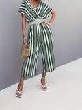kkboxly  Striped Surplice Neck Belted Jumpsuit, Casual Batwing Sleeve Jumpsuit For Spring & Summer, Women's Clothing
