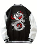 kkboxly  Mythic Creature Dragon Pattern Casual Lightweight Plush Varsity Jacket, Men's Jacket For Fall Winter Outdoor