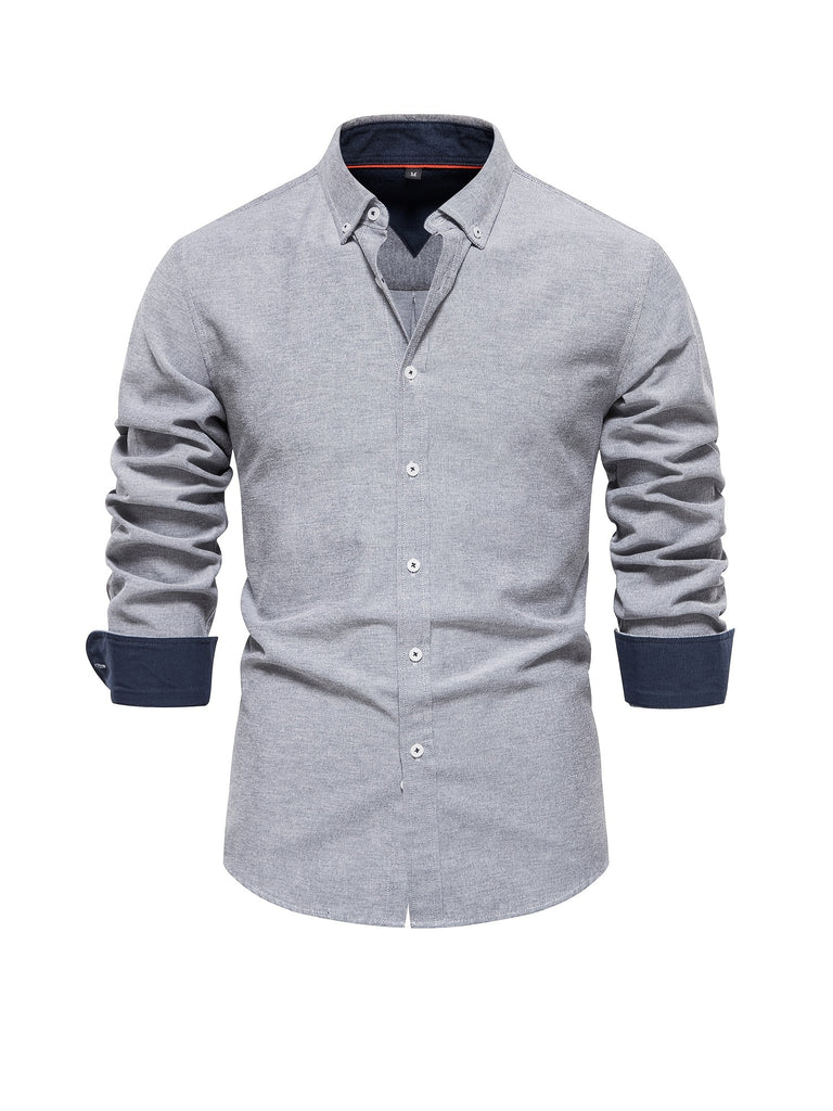kkboxly  Casual Solid Men's Long Sleeve Oxford Shirt, Men's Comfy Button Up Shirt For Spring Fall Outdoor