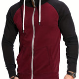 kkboxly  Trendy Color Block Men's Hooded Jacket Casual Long Sleeve Hoodies With Zipper Gym Sports Hooded Coat For Winter Fall