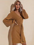 kkboxly  Surplice Neck Lantern Sleeve Dress, Elegant Solid Versatile Dress, Women's Clothing