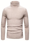 kkboxly Turtle Neck Knitted Slim Fit Sweater, Men's Casual Warm Solid High Stretch Pullover Sweater For Fall Winter