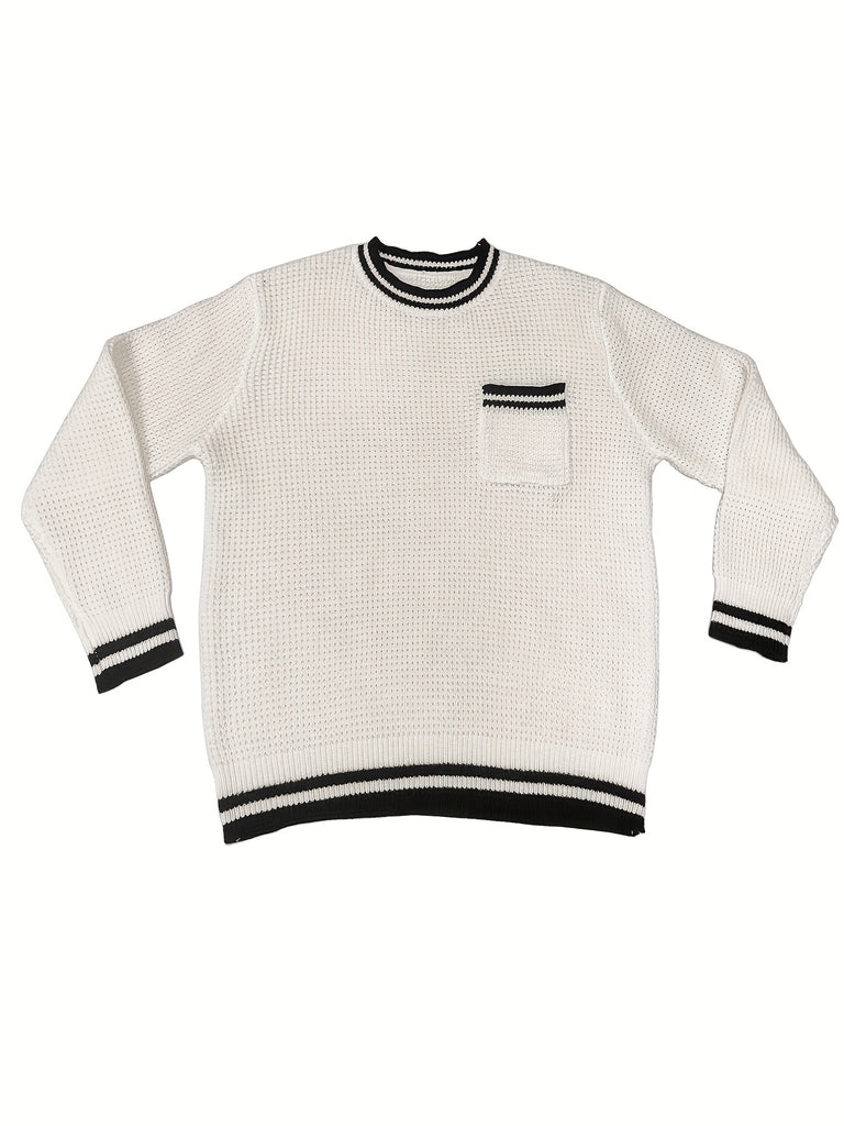 kkboxly  Crew Neck Knitted Striped Cuff Sweater, Men's Casual Warm Chest Pocket Slightly Stretch Pullover Sweater For Fall Winter