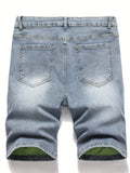 kkboxly  Yellow Green Ripped Denim Shorts, Men's Casual Street Style Distressed Mid Stretch Denim Shorts For Summer