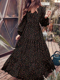 kkboxly  Tiered Floral Print Dress, Boho Lantern Sleeve V Neck Maxi Dress, Women's Clothing