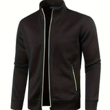 kkboxly  Warm Stand Collar Fleece Jacket, Men's Casual Comfortable Zip Up Zipper Pockets Knitted Cardigan For Fall Winter, Men's Bottoms
