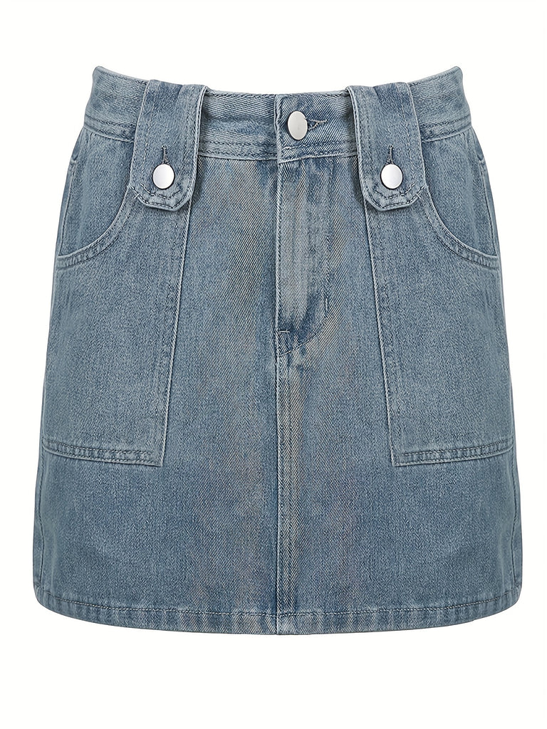 kkboxly  Square Pocket Mid Waist Mid Rise A-line Shape Button Waist Design Zipper Button Closure Washed Blue Color Denim Skirts, Women's Denim Skirts, Women's Clothing