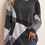 kkboxly  Color Block Geo Print T-shirt, Long Sleeve Crew Neck Casual Top For Spring & Fall, Women's Clothing