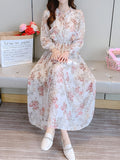 kkboxly  Floral Print Bow Tie Long Sleeve Ruffled Dress, Elegant Tunic High Waist Maxi Dress, Women's Clothing