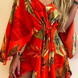 Kkboxly   Full Printed V Neck Dress, Casual Tie Waist Batwing Sleeve Dress, Women's Clothing