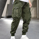kkboxly  Men's Letter Graphic Drawstring Waist Cargo Pants With Flap Pockets