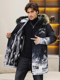 Men's Casual Mountain Print Hooded Warm Thick Jacket, Chic Fleece Lined Coat For Fall Winter