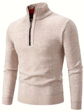 kkboxly  Men's Trendy Solid Knitted Pullover, Casual Slightly Stretch Breathable Turtle Neck Zip Up Long Sleeve Top For Outdoor Fall Winter