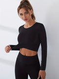 kkboxly  Solid Color Asymmetrical Hem Long Sleeve Sports Crop Top, Round Neck Pullover Yoga Crop Top, Women's Tops