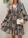 Ethnic Print Ruffle Hem Dress, Elegant V Neck Long Sleeve Dress, Women's Clothing