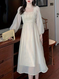 kkboxly  Solid Contrast Lace Dress, Elegant Long Sleeve Squared Neck Ruched Dress, Women's Clothing