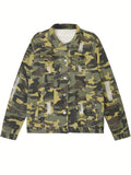kkboxly  Chic Camouflage Print Denim Jacket, Men's Casual Cotton Multi Pocket Jacket