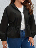 kkboxly  Plus Size Casual Jacket, Women's Plus Solid Long Sleeve Zip Up Drawstring Hoodie Jacket