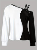 kkboxly  Rhinestone Color Block T-Shirt, Casual Long Sleeve Cold Shoulder T-Shirt, Women's Clothing