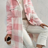 kkboxly  Plaid Pattern Teddy Coat, Casual Button Front Long Sleeve Outerwear, Women's Clothing