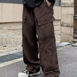 kkboxly  Solid Multi Flap Pockets Men's Straight Leg Cargo Pants, Loose Casual Outdoor Pants, Men's Work Pants Baggy Pants Trendy Streetwear