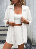 kkboxly Casual Matching Two-piece Set, Button Front Blouse & Drawstring Shorts Outfits, Women's Clothing