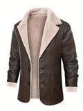 kkboxly  Warm Fleece PU Jacket, Men's Casual Lapel Faux Leather Jacket For Fall Winter