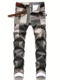 kkboxly  Plaid Allover Print Jeans, Men's Casual Patchwork Style Creative Cotton Blend Denim Pants For Spring Summer