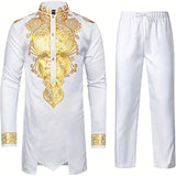kkboxly Men's African 2 Piece Set Long Sleeve Gold Print Dashiki And Pants Outfit Traditional Suit