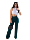 kkboxly  Solid High Waist Elastic Long Length Pants, Slim Stylish Elegant Wide Leg Pants, Women's Clothing