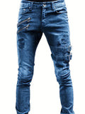 kkboxly  Zipper Decoration Slim Fit Ripped Biker Jeans, Men's Casual Street Style Distressed Slightly Stretch Denim Pants For Spring Summer