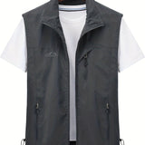 kkboxly  Zipper Pockets Cargo Vest, Men's Casual Outwear Stand Collar Zip Up Vest For Spring Summer Outdoor Fishing Photography
