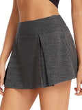 kkboxly  Dark Gray 2-in-1 Pleated Detail Skirt With Shorts, Summer Stretchy Tennis Golf Skirt, Women's Activewear