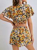 kkboxly  Floral Print Two-piece Set, Short Sleeve V Neck Shirred Crop Blouse & Casual Shorts Outfits, Women's Clothing