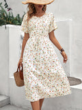 kkboxly  Ditsy Floral Print Dress, Casual Drawstring V Neck Dress, Women's Clothing