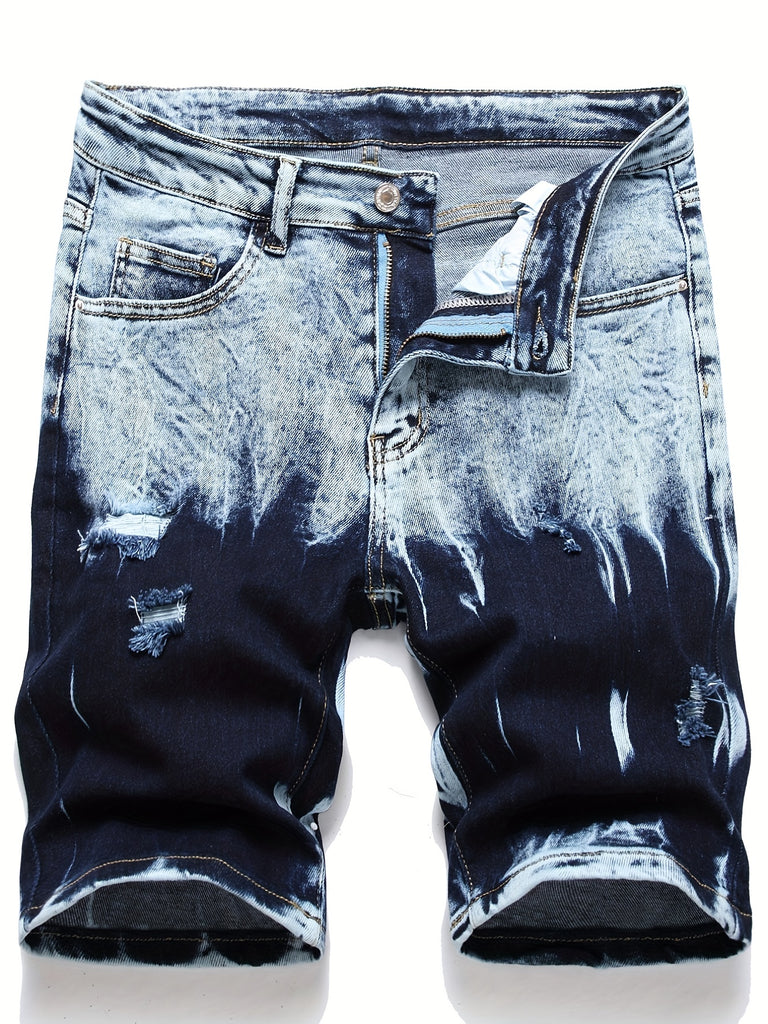 kkboxly  Slim Fit Ripped Denim Shorts, Men's Casual Street Style High Stretch Distressed Denim Shorts For Summer