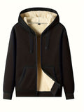 kkboxly  Warm Fleece Solid Hooded Winter Hooded Jacket, Men's Casual Stretch Zip Up Jacket Coat For Fall Winter